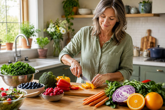 Woman preparing a healthy meal with berries, leafy greens, broccoli, carrots, and citrus in a bright kitchen.