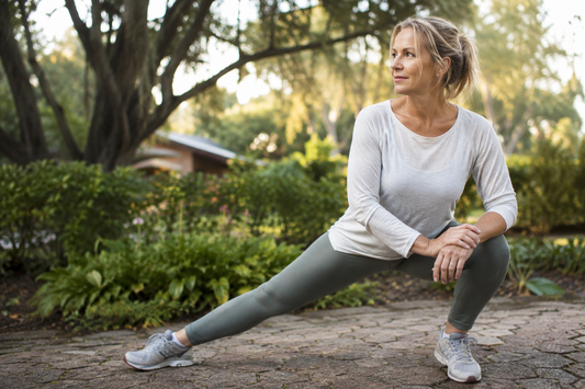 Woman performing a side stretch outdoors to help support comfortable movement
