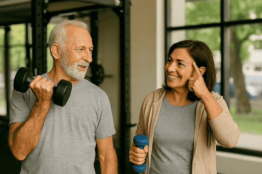 Middle-aged man and woman exercising together in a gym, smiling and engaging in light strength training to support healthy aging