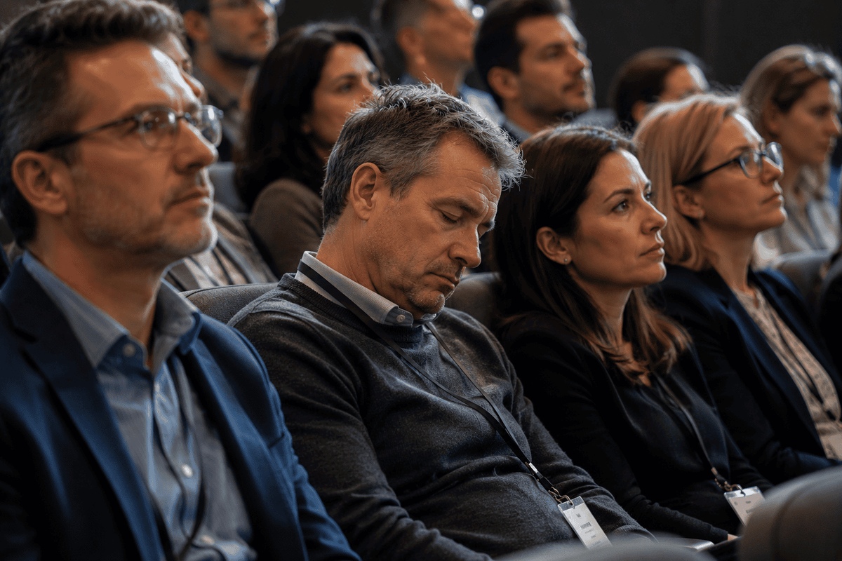 Man struggling to stay awake during a seminar while others listen attentively
