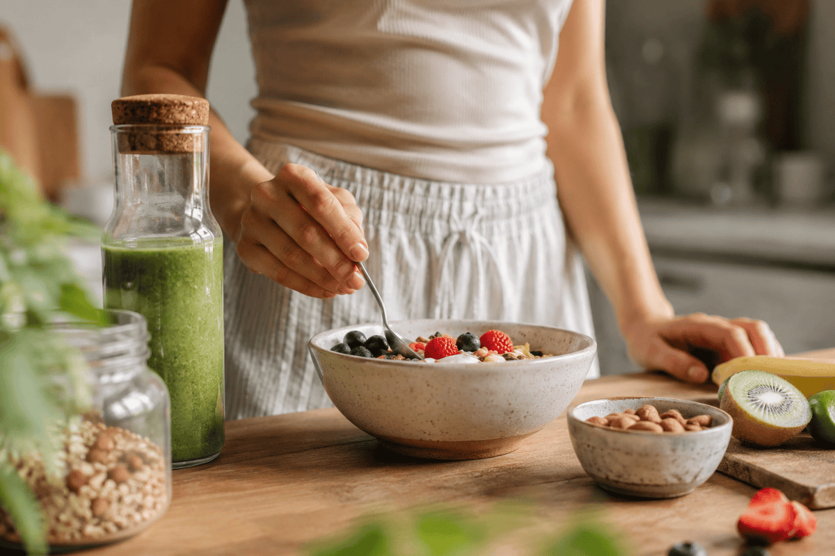 Healthy breakfast with yogurt, fruit, and probiotic-rich foods that support gut health and hormones
