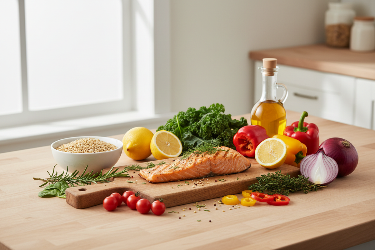 Colorful vegetables, salmon, whole grains, olive oil, lemon, and fresh herbs arranged for heart-smart cooking.