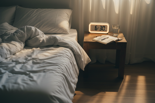 Unmade bed with an alarm clock, glass of water, and open journal in soft morning light, illustrating persistent fatigue