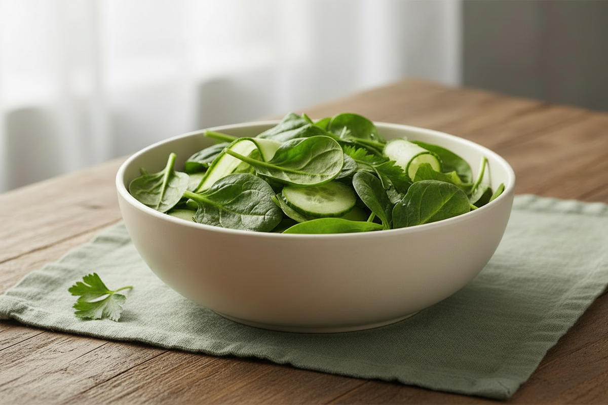 Bowl of leafy greens illustrating how diet can affect stool color